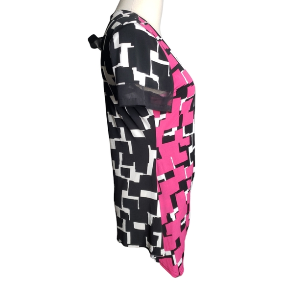 Joseph Ribkoff Faux Wrap Tunic Bold Geometric Rouched QR Code Print Mod Vacation - Picture 6 of 15